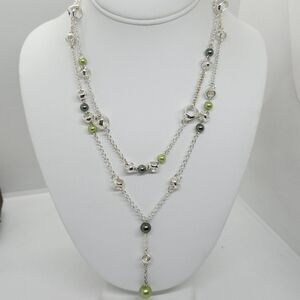 Silver Tone‎ Double Strand Y Drop Layered Green Bead Necklace